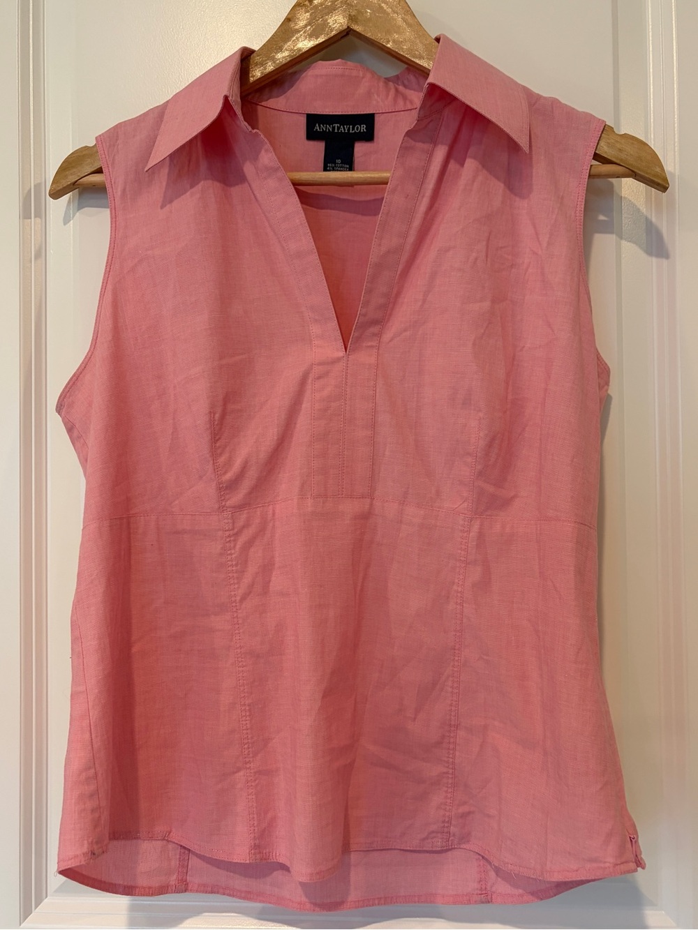 Ann Taylor Pink Sleeveless Collared V-Neck Top Blouse Size 10